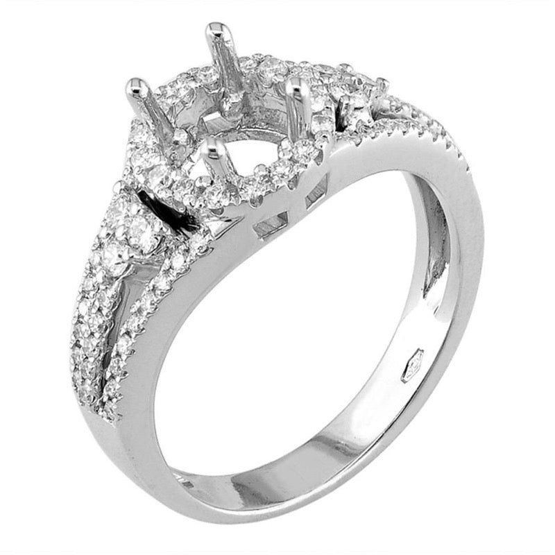18kt White Gold Triple Shank Diamond Halo Engagement Ring Mount