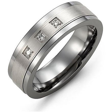 7mm Tungsten 14K White Gold Ring 3 Diamonds tcw 0.06