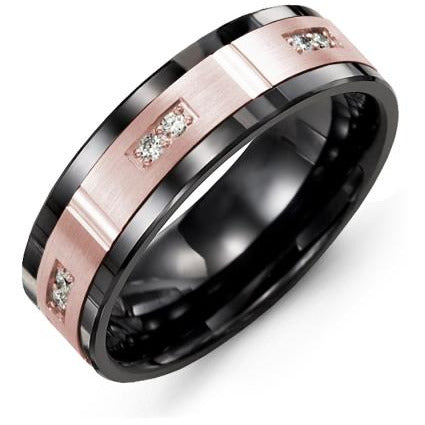 7mm Black Ceramic 14K Pink Gold Ring 6 Diamonds tcw 0.12