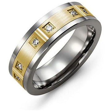 7mm Tungsten 14K Yellow Gold Ring 6 Diamonds tcw 0.12
