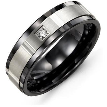 7mm Black Ceramic 14K White Gold Ring 1 Diamond tcw 0.05
