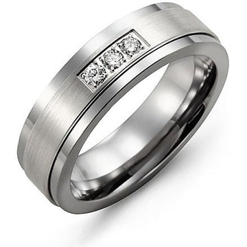 7mm Tungsten 14K White Gold Ring 3 Diamonds tcw 0.06