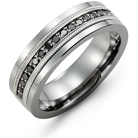 7mm Tungsten 14K White Gold Ring 17 Black Diamonds tcw 0.34