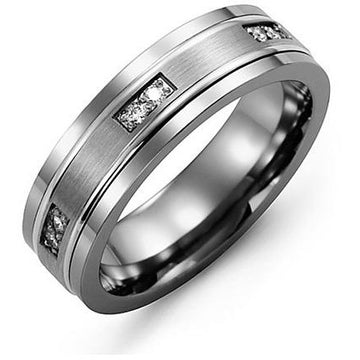 7mm Tungsten 14K White Gold Ring 6 Diamonds tcw 0.12