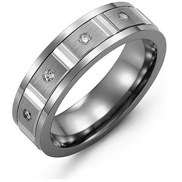 7mm Tungsten 14K White Gold Ring 4 Diamonds tcw 0.08