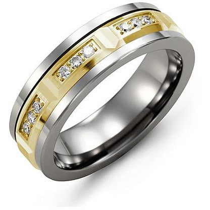 7mm Tungsten 14K Yellow Gold Ring 9 Diamonds tcw 0.18