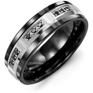 7mm Black Ceramic 14K White Gold Ring 9 Black Diamonds tcw  0.18