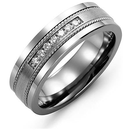 7mm Tungsten 14K White Gold Ring 7 Diamonds tcw 0.14