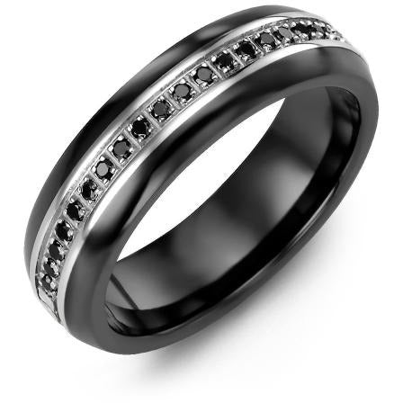 6.5mm Black Ceramic Tiffany 14K White Gold Ring 21 Black Diamonds tcw 0.21