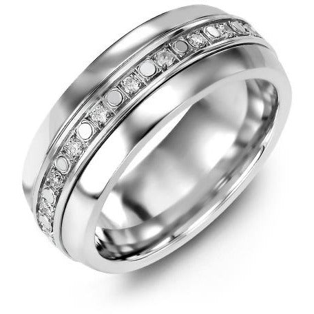 8.5mm Tungsten Tiffany 14K White Gold Ring 18 Diamonds tcw. 0.36