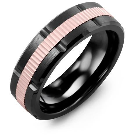7mm Black Ceramic Brush Blades 14K Pink Gold Ring