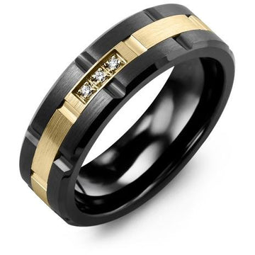 7mm Black Ceramic Brush Blades 14K Yellow Gold Ring 3 Diamonds tcw 0.03