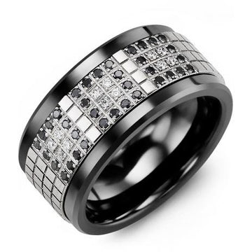 11mm Black Ceramic 14K White Gold Ring 48 Diamonds tcw 0.48