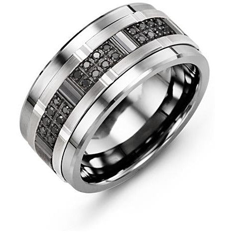 11mm Tungsten 14K White/Black/White Gold Ring 24 Black Diamonds tcw. 0.24