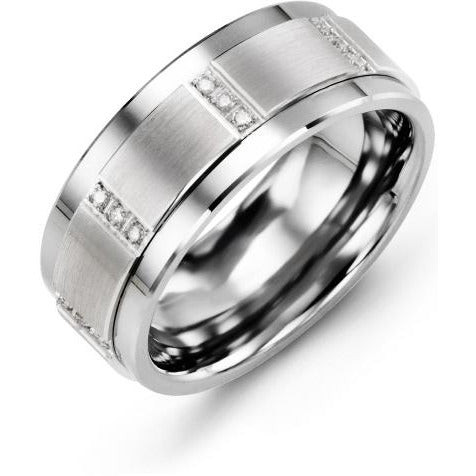 9mm Tungsten 14K White Gold Ring 12 Diamonds tcw 0.12