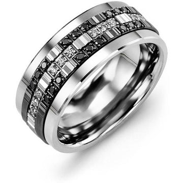 9mm White Gold 14K White/Black/White Gold Ring 30 Diamonds tcw 0.30