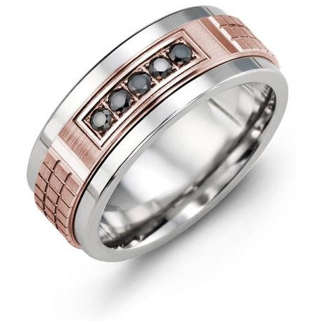 9mm Tungsten 14K Pink Gold Ring 5 Black Diamonds tcw 0.15