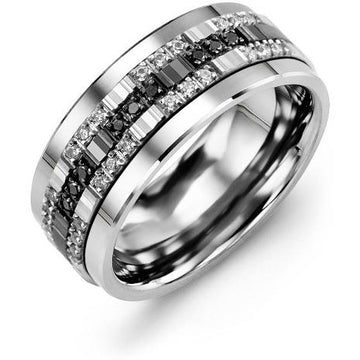 9mm White Gold 14K White/Black/White Gold Ring 81 Diamonds tcw. 0.81
