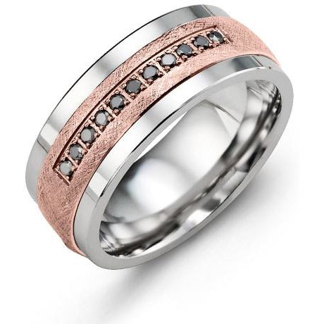 9mm Tungsten 14K Pink Gold Ring 11 Black Diamonds tcw 0.11