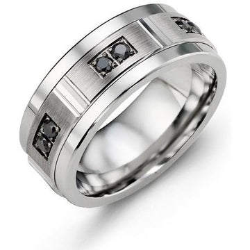 9mm White Gold 14K White Gold Ring 6 Black Diamond tcw 0.12