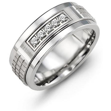 9mm Tungsten 14K White Gold Ring 5 Diamonds tcw 0.15