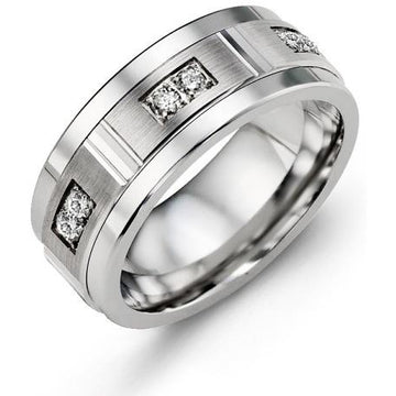 9mm Tungsten 14K White Gold Ring 6 Diamonds tcw 0.18