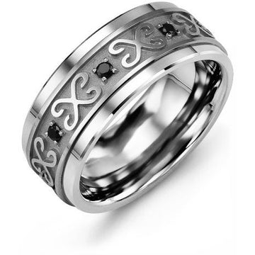 9mm Tungsten 14K White Gold Ring 8 Black Diamonds tcw 0.16