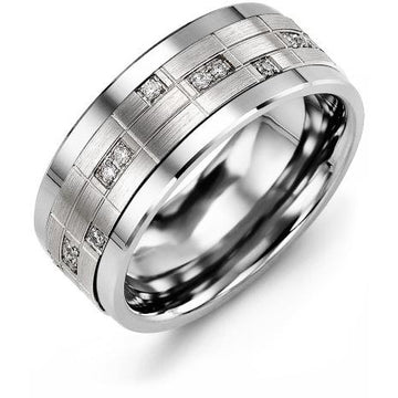 9mm Tungsten 14K White Gold Ring 14 Diamonds tcw 0.14
