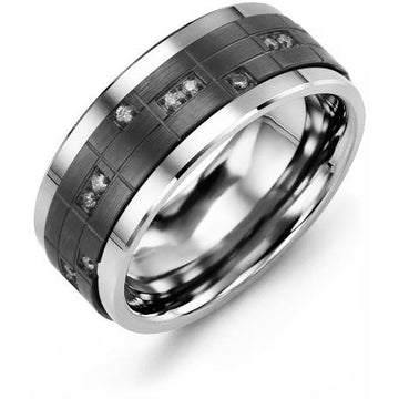 9mm Tungsten 14K Black Gold Ring 14 Diamonds tcw 0.14