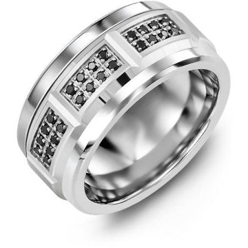 11mm Tungsten 14K White Gold Ring 24 Black Diamonds tcw. 0.24