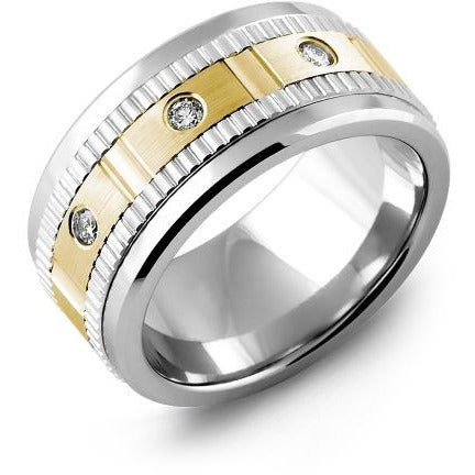 11mm Tungsten 14K White/Yellow/White Gold Ring 3 Diamonds tcw. 0.15