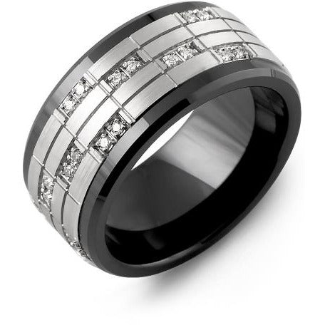 11mm Black Ceramic 14K White Gold Ring 20 Diamonds tcw 0.20