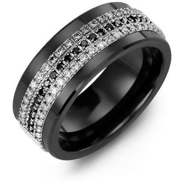 9mm Black Ceramic 14K White Gold Ring 63 Diamonds W/B/W tcw 0.63