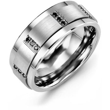 9mm Tungsten 14K White Gold Ring 12 Black Diamonds tcw 0.12