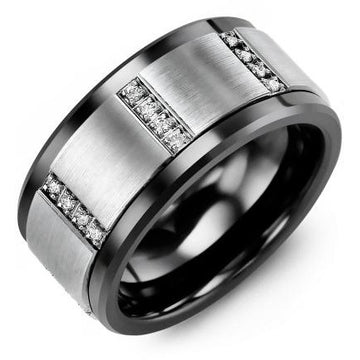 11mm Black Ceramic 14K White Gold Ring 12 Diamonds tcw 0.12