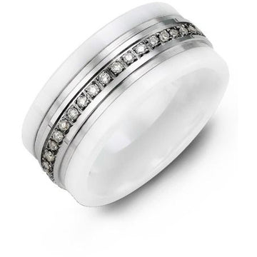 9mm White Ceramic 14K White Gold Ring 15 Diamonds tcw 0.15