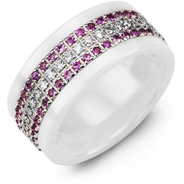 9mm White Ceramic 14K White Gold Ring 45 Diamonds tcw. 0.45