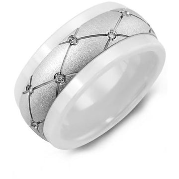 9mm White Ceramic 14K White Gold Ring 14 Diamonds tcw 0.14