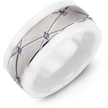 9mm White Ceramic 14K White Gold Ring 14 Pink Sapphire tcw. 0.14
