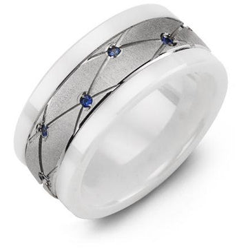 9mm White Ceramic 14K White Gold Ring 14 Blue Sapphire tcw. 0.14