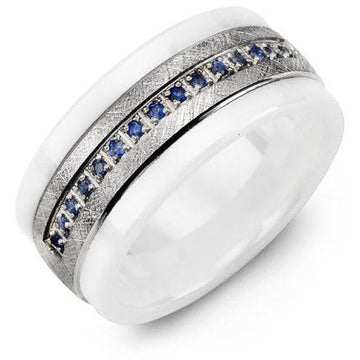 9mm White Ceramic 14K White Gold Ring 15 Blue Sapphire tcw. 0.15