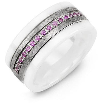9mm White Ceramic 14K White Gold Ring 15 Pink Sapphire tcw 0.15