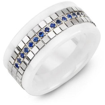 9mm White Ceramic 14K White Gold Ring 15 Blue Sapphire tcw. 0.15