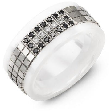 9mm White Ceramic 14K White Gold Ring 21 Diamonds tcw 0.21
