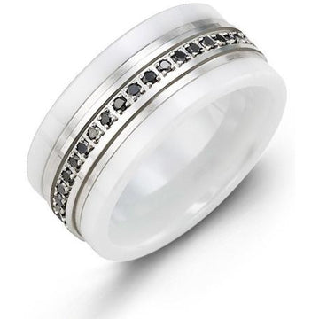 9mm White Ceramic 14K White Gold Ring 21 Black Diamonds tcw 0.21