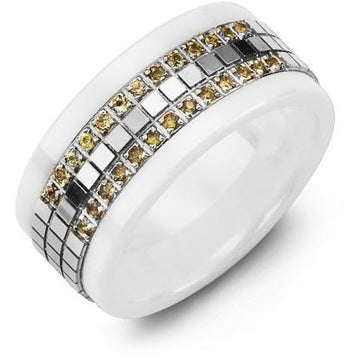 9mm White Ceramic 14K White Gold Ring 22 Yellow Sapphire tcw 0.22