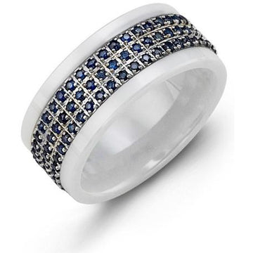 9mm White Ceramic 14K White Gold Ring 126 Blue Sapphire tcw 1.26